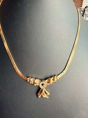 Givenchy Vintage Gold Plated Crystal Pave Ribbon G Charm Necklace